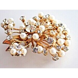 Kramer New York Faux Pearl Rhinestones Gold Tone Floral Spray Brooch Pin Riveted